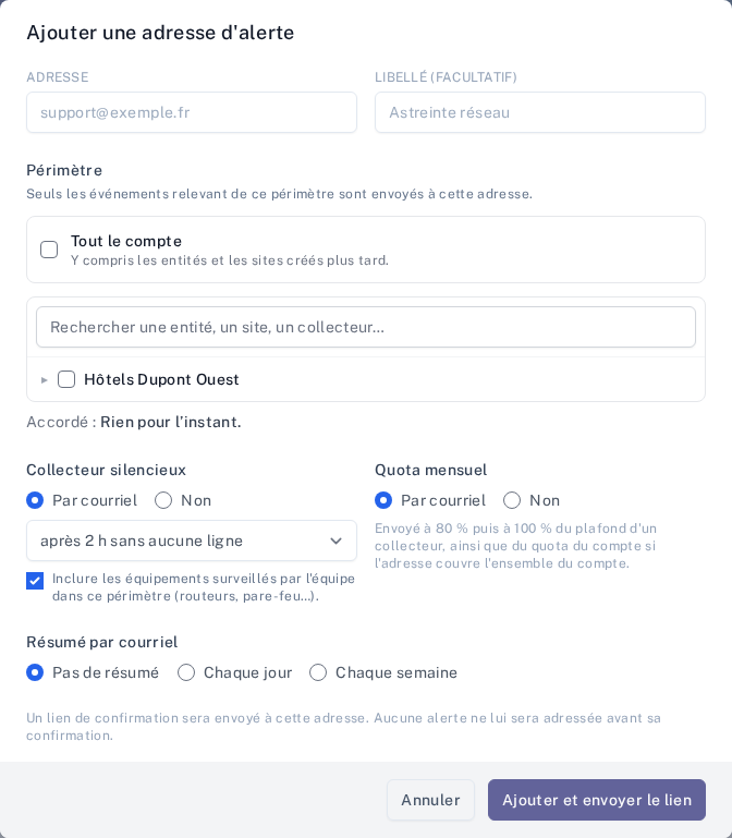 Le formulaire d'une adresse d'alerte