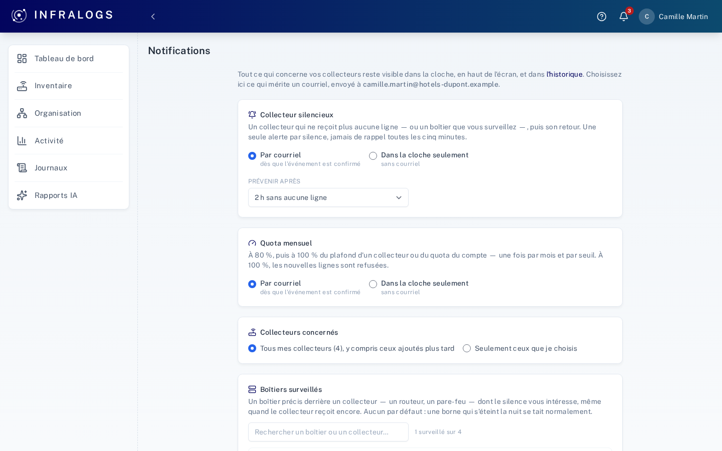 La page Notifications